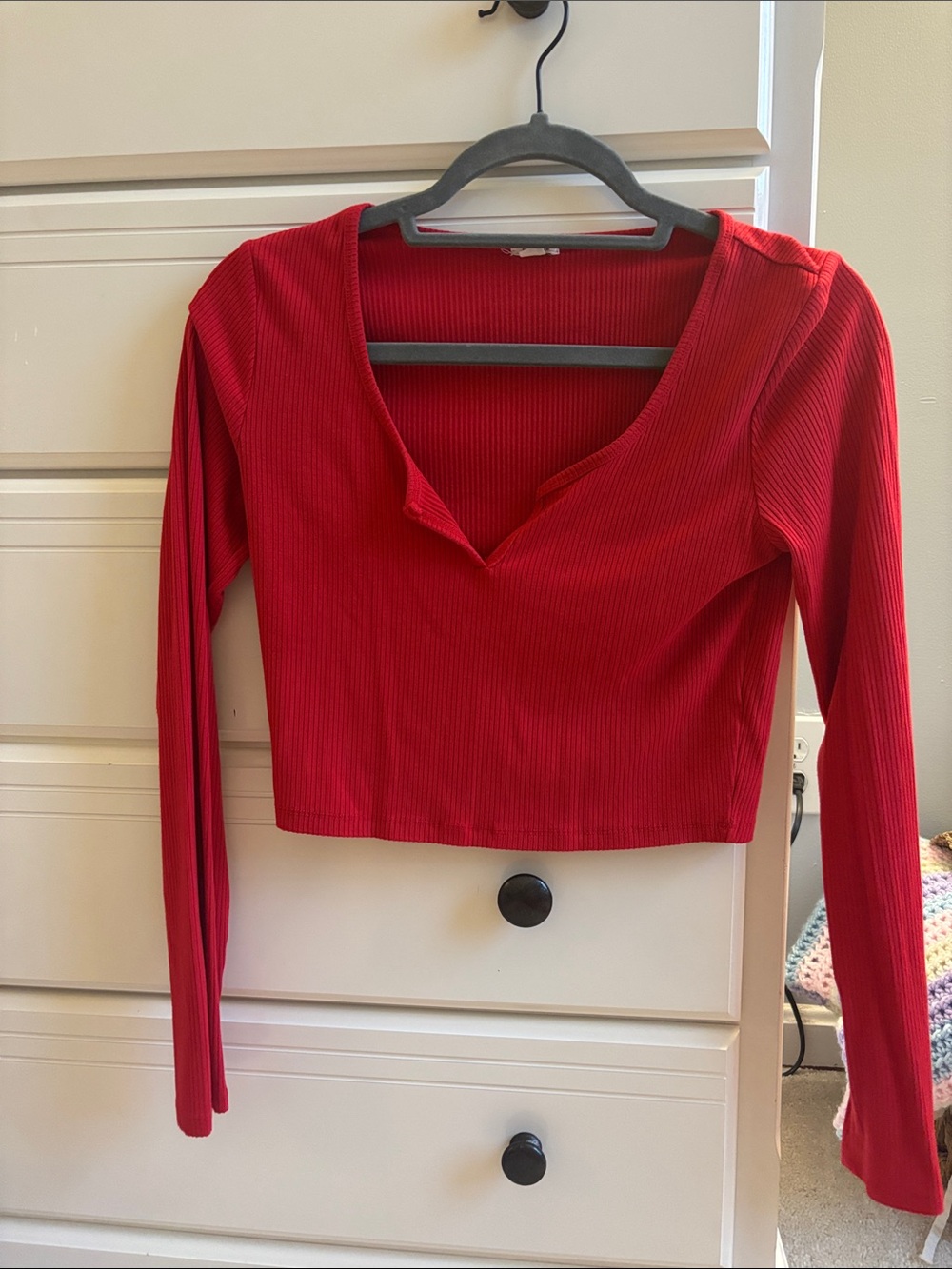 Women’s Garage Red Ribbed Long-Sleeve V-Neck Crop Top